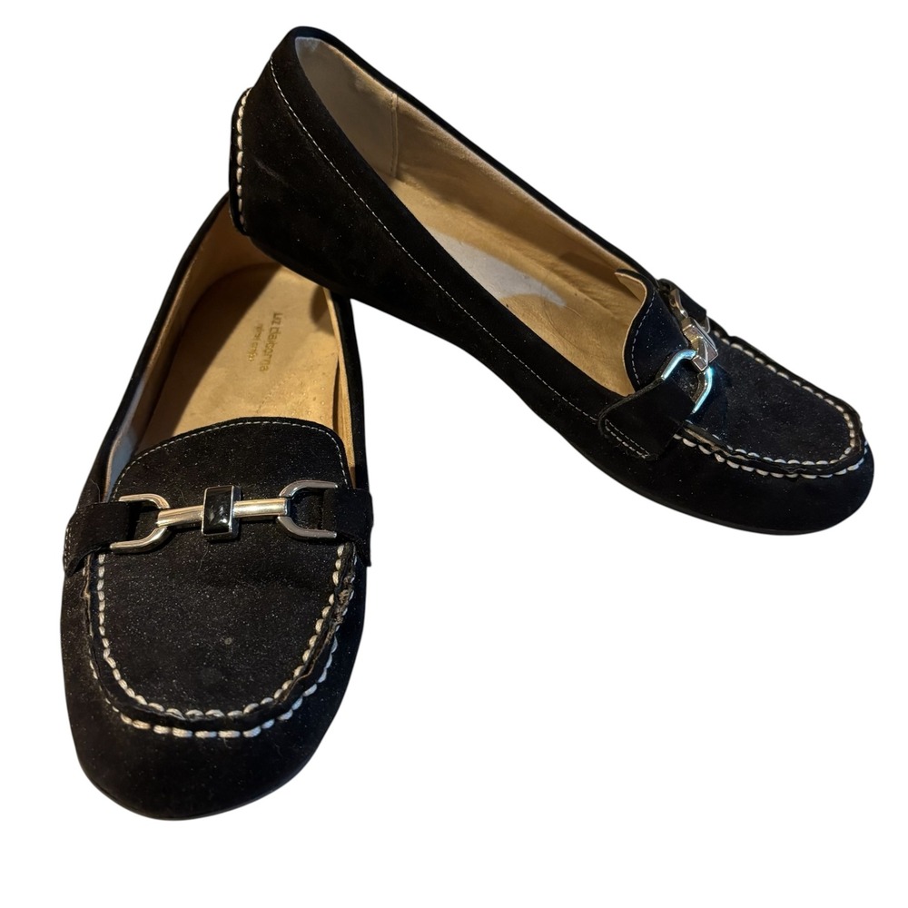 Liz Claiborne Ashton Black Suede Horsebit Loafers Silver Buckle Flats Womens 9M